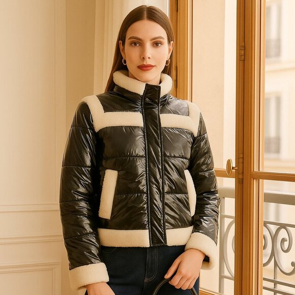 J. Society Sherpa Trim Bomber Jacket NWT Quilted Puffer Black Cream - Picture 13 of 13